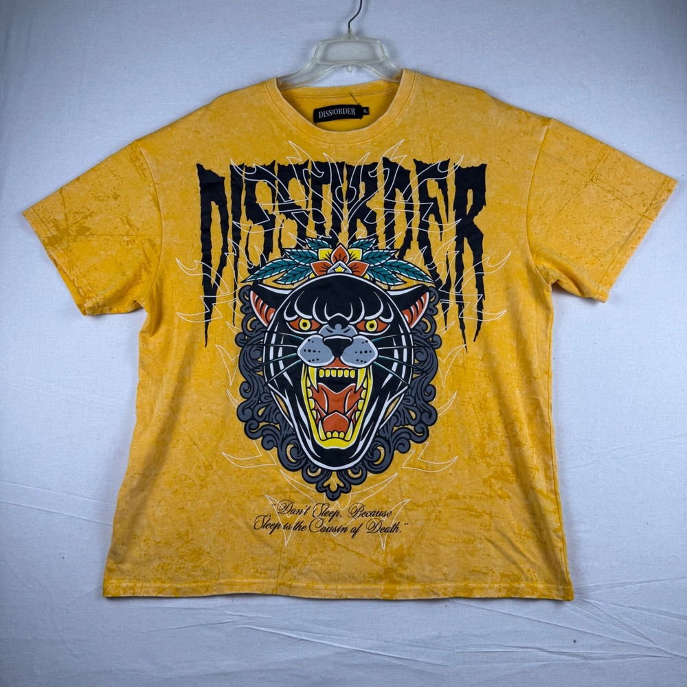 Dissorder Mens Graphic T-Shirt Yellow Acid Wash Panther Sleep Cousin of Death XL
